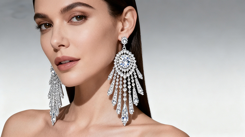 The chandelier-style earrings are dramatic and eye-catching.