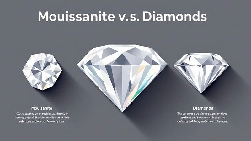 The image compares moissanite and diamonds, highlighting their visual differences and brilliance.