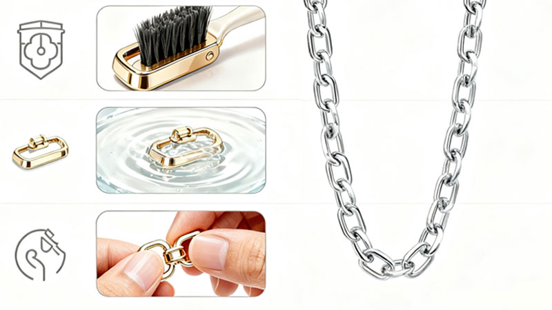 Jewelry clasp cleaning and maintenance steps with a silver chain.
