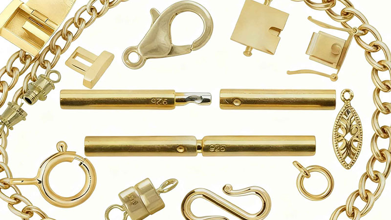Show various types of jewelry clasps and chain connectors.