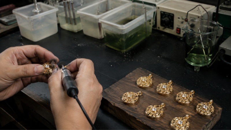 Plating thickness, surface preparation, and polishing affect how long the pendant keeps its color and shine.