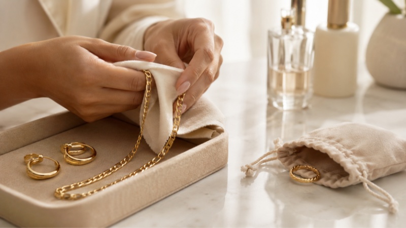 Keep gold vermeil away from perfume, lotion, household cleaners, chlorine, and other aggressive chemicals.