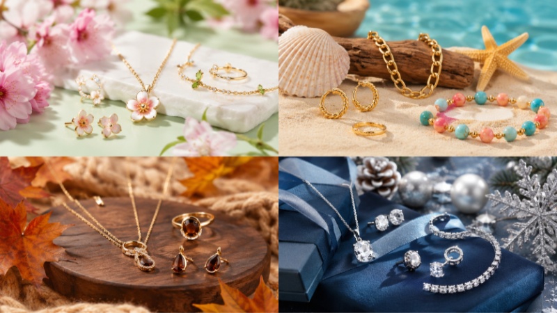 Seasonal jewelry trends change with weather, fashion, holidays, colors, and customer buying behavior.