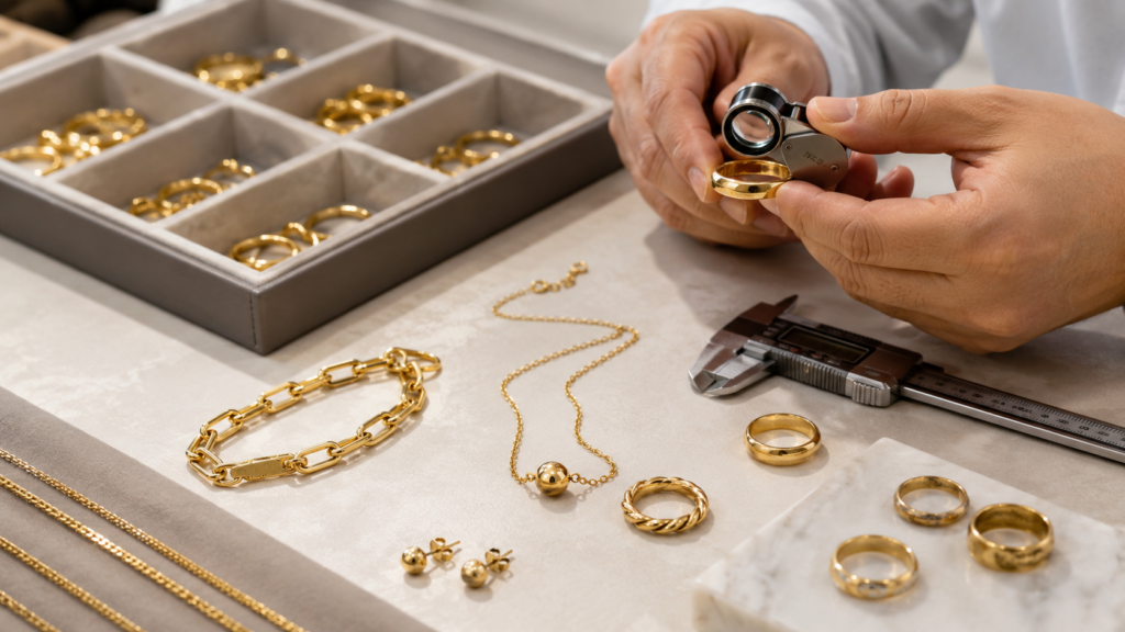 This guide explains what buyers should check before placing bulk orders for 18K gold plated brass jewelry.