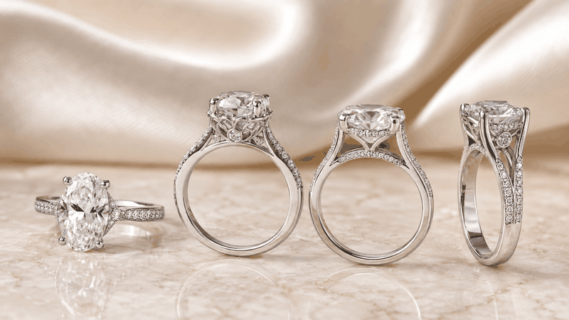 Hidden halos add small stones below the center stone, creating extra detail