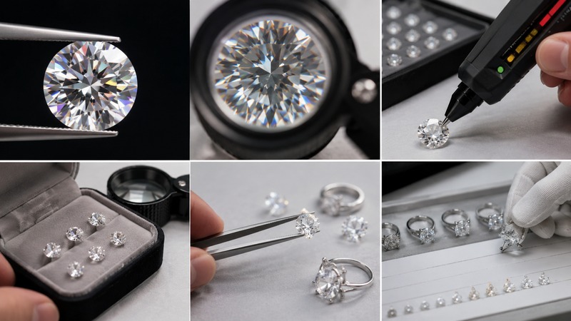 To tell if moissanite is real, check its rainbow fire, double refraction, tester result