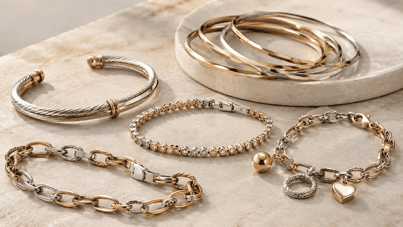 Mixed metal bracelets can include cuffs, tennis styles