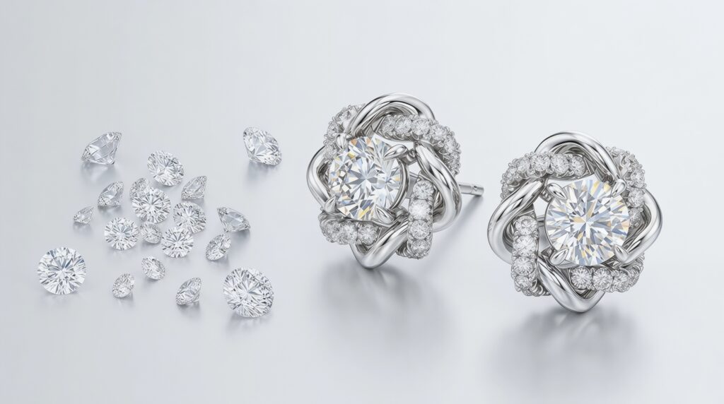 Moissanite is a high-end diamond alternative known for its strong fire and generally shows rainbow sparkle.