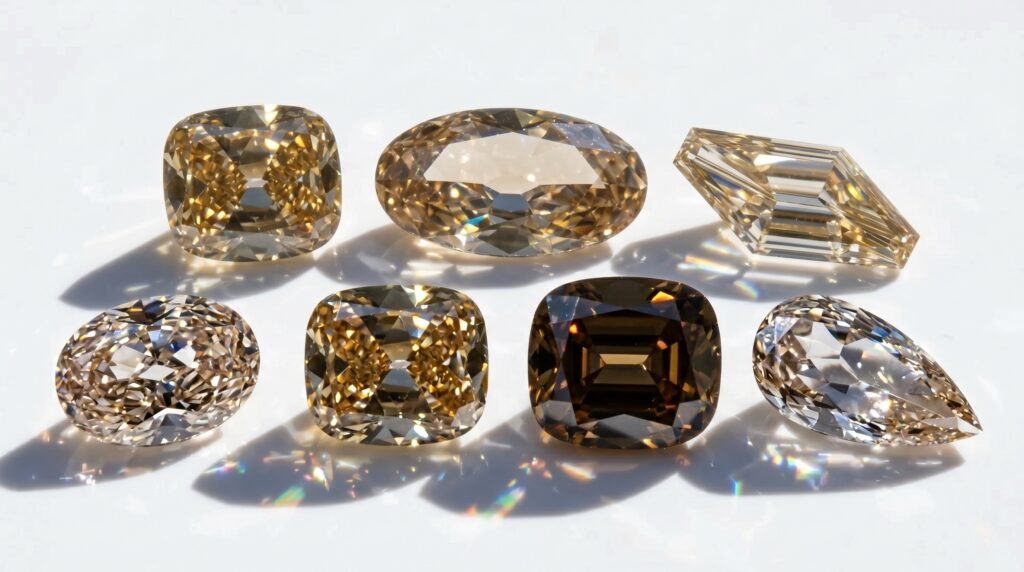 Ethical lab-grown diamonds are used in rings, necklaces, and fine pieces.