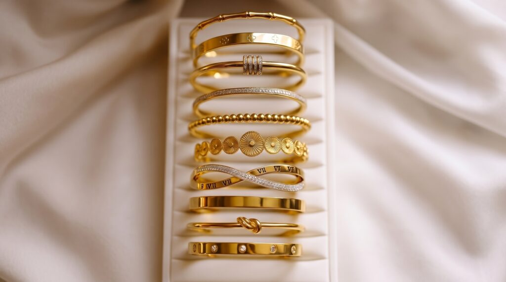 Gold-plated bangles are created by coating a base metal with a thin layer of gold.
