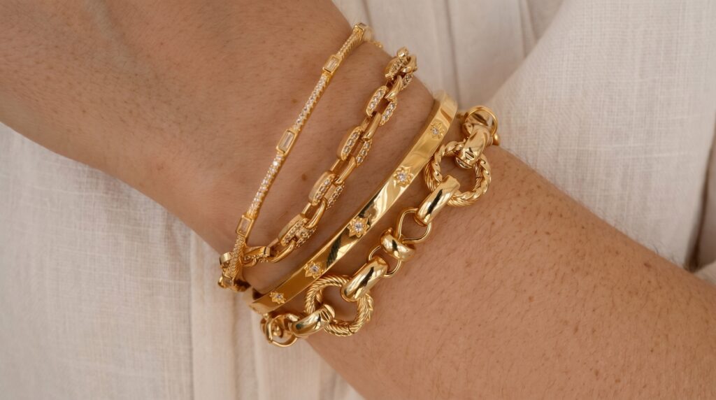 Solid gold bangles are widely used in both minimal and bold jewelry trends.