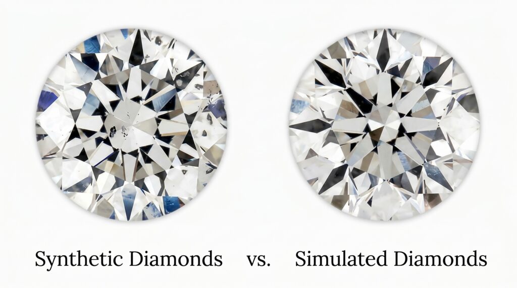 Lab-grown or simulated diamonds share identical hardness and material properties.