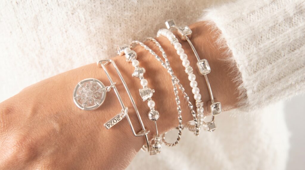 Layered bracelet pieces combining textures and shapes for a dynamic look.