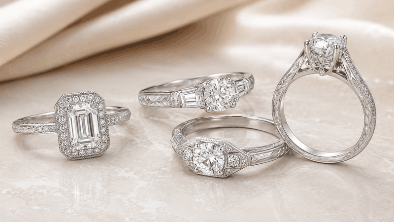 Vintage-inspired rings are evolving through simplified Art Deco geometry