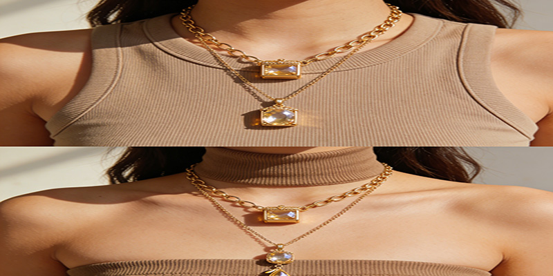 According to our stylists, longer pendants flatter scoop necklines and strapless tops. 