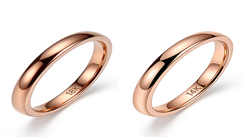 18K rose gold, the color will be more intense and richer, whereas alloys with lower copper content, e.g., 14K rose gold, will be lighter.