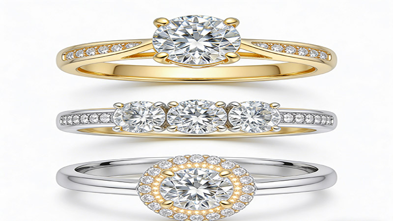 Moissanite engagement rings are available in solitaire ring, three stone, and halo styles